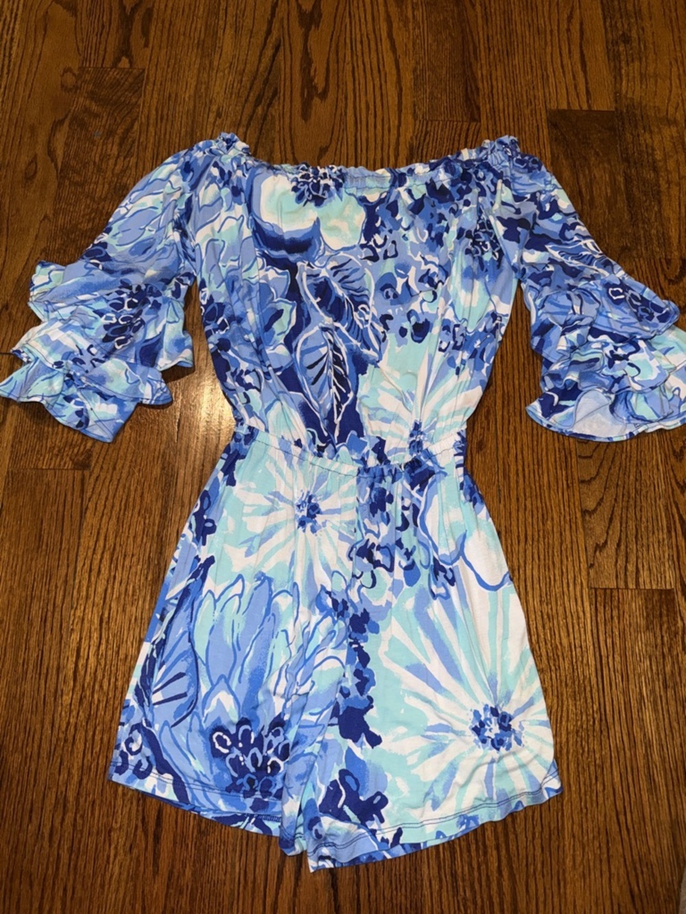 LILLY PULITZER Calla Off Shoulder Romper Catch N Keep Coastal Blue XXS GUC - Picture 2 of 6